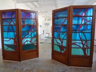 Beauty's Guardians; in afternoon sunlight, 4-door room divider shown at The Kennington GlassSmiths exhibition, London; POA